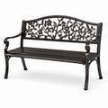 Banco de jardín metálico negro con respaldo floral