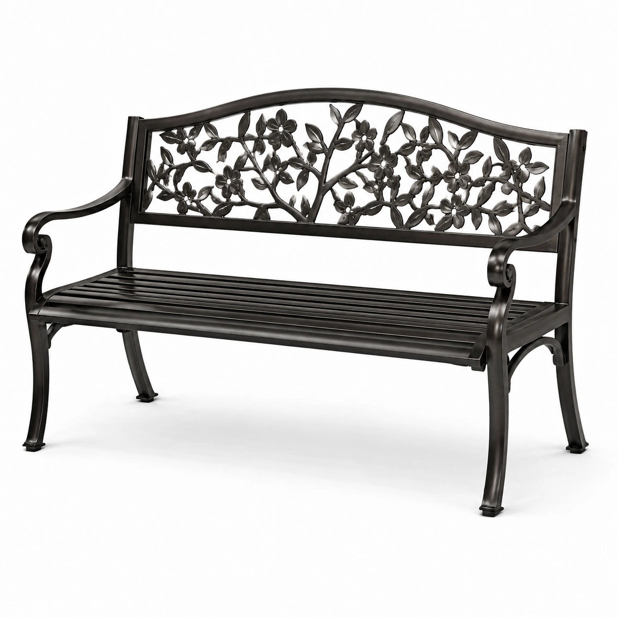 Banco de jardín metálico negro con respaldo floral