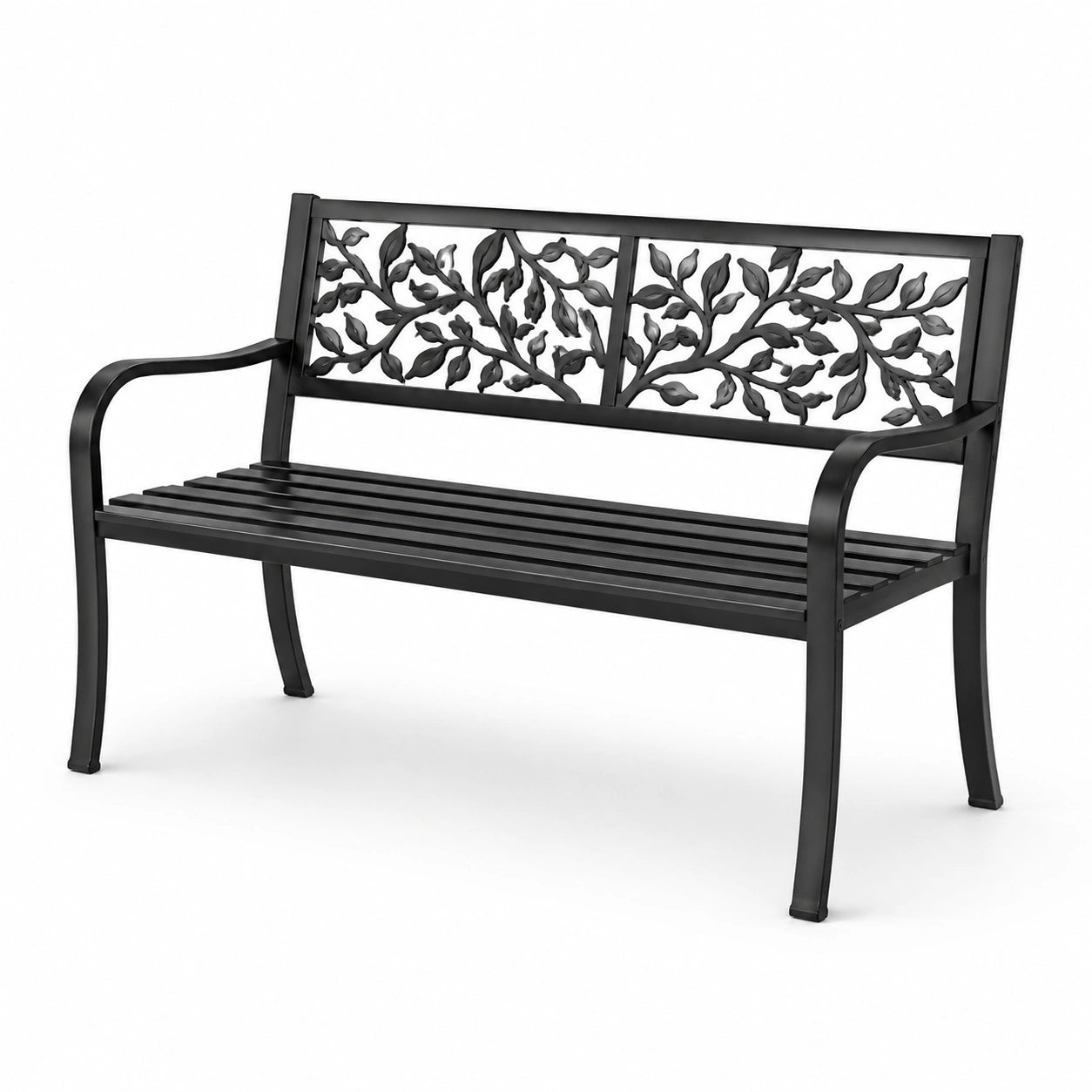 Banco de metal negro con respaldo decorativo de hojas 127cm