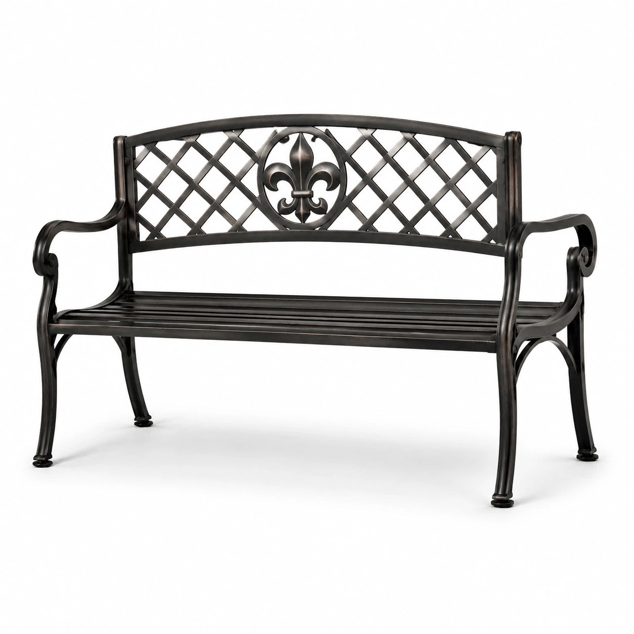 Banco de aluminio negro con motivo decorativo