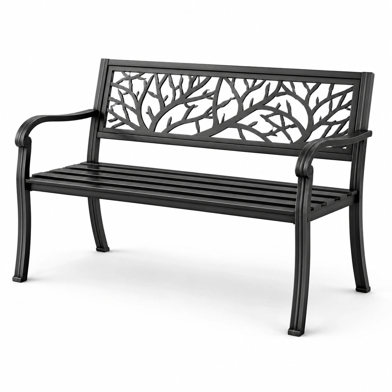 Banco de metal con respaldo decorativo de 127 cm
