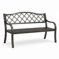 Banco de metal negro para exteriores con respaldo decorativo