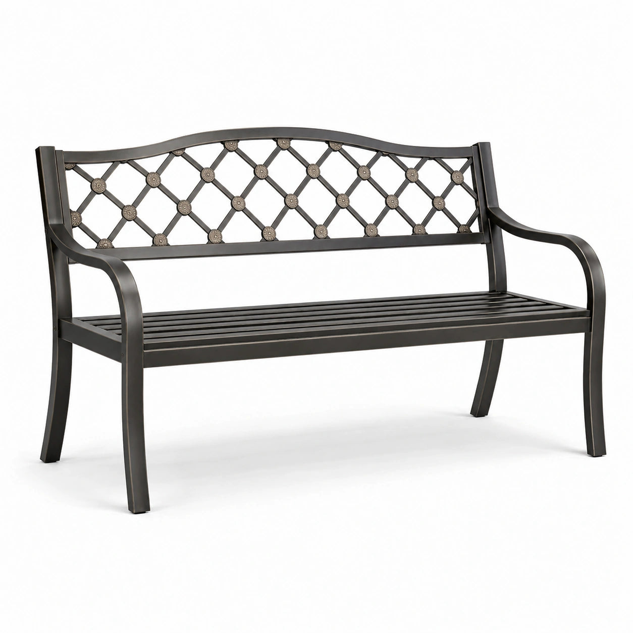 Banco de metal negro para exteriores con respaldo decorativo
