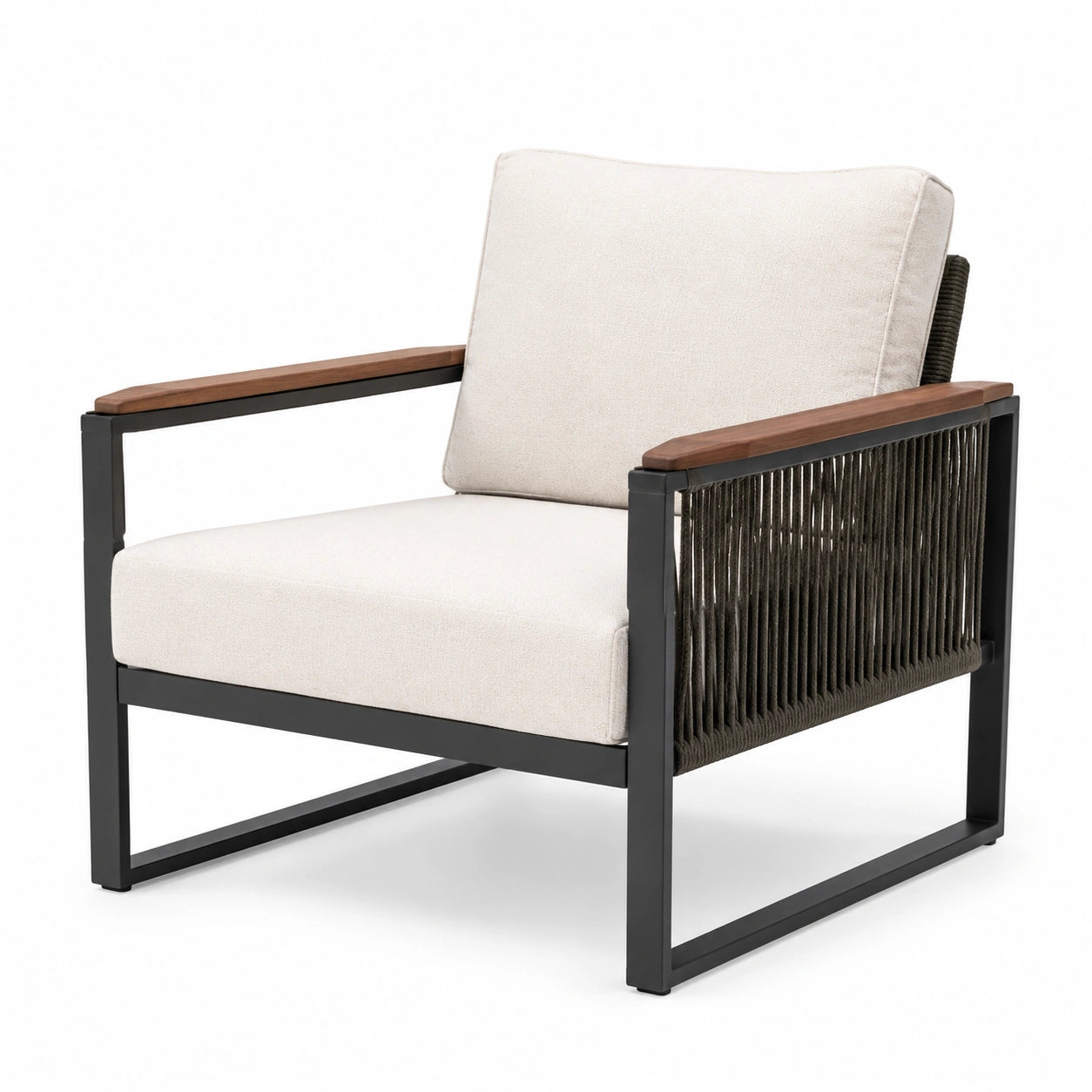 Sillón de Metal con Cojines de Tela Beige y Reposabrazos de Madera