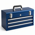 Caja de herramientas de acero azul con 3 cajones y asa de polipropileno