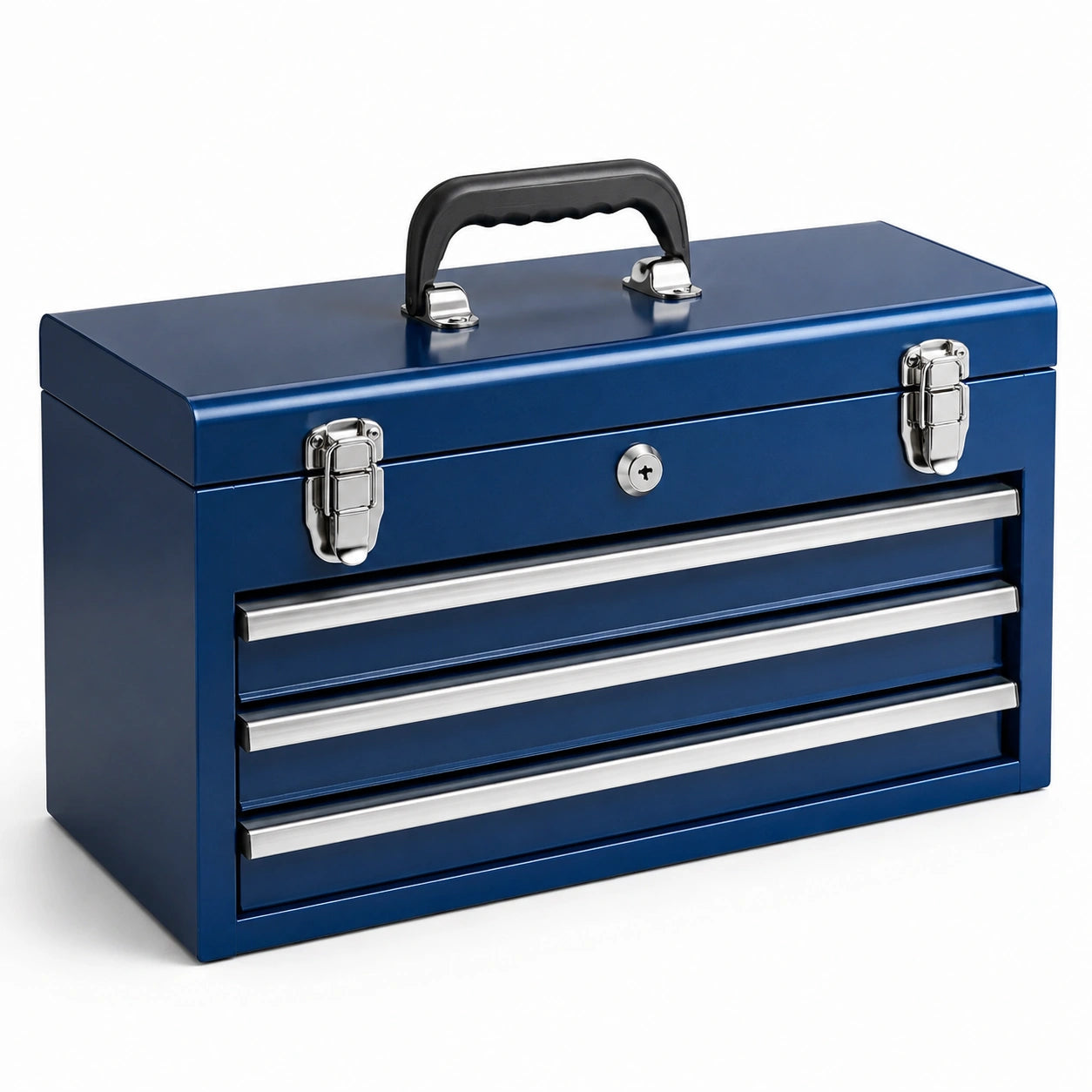 Caja de herramientas de acero azul con 3 cajones y asa de polipropileno