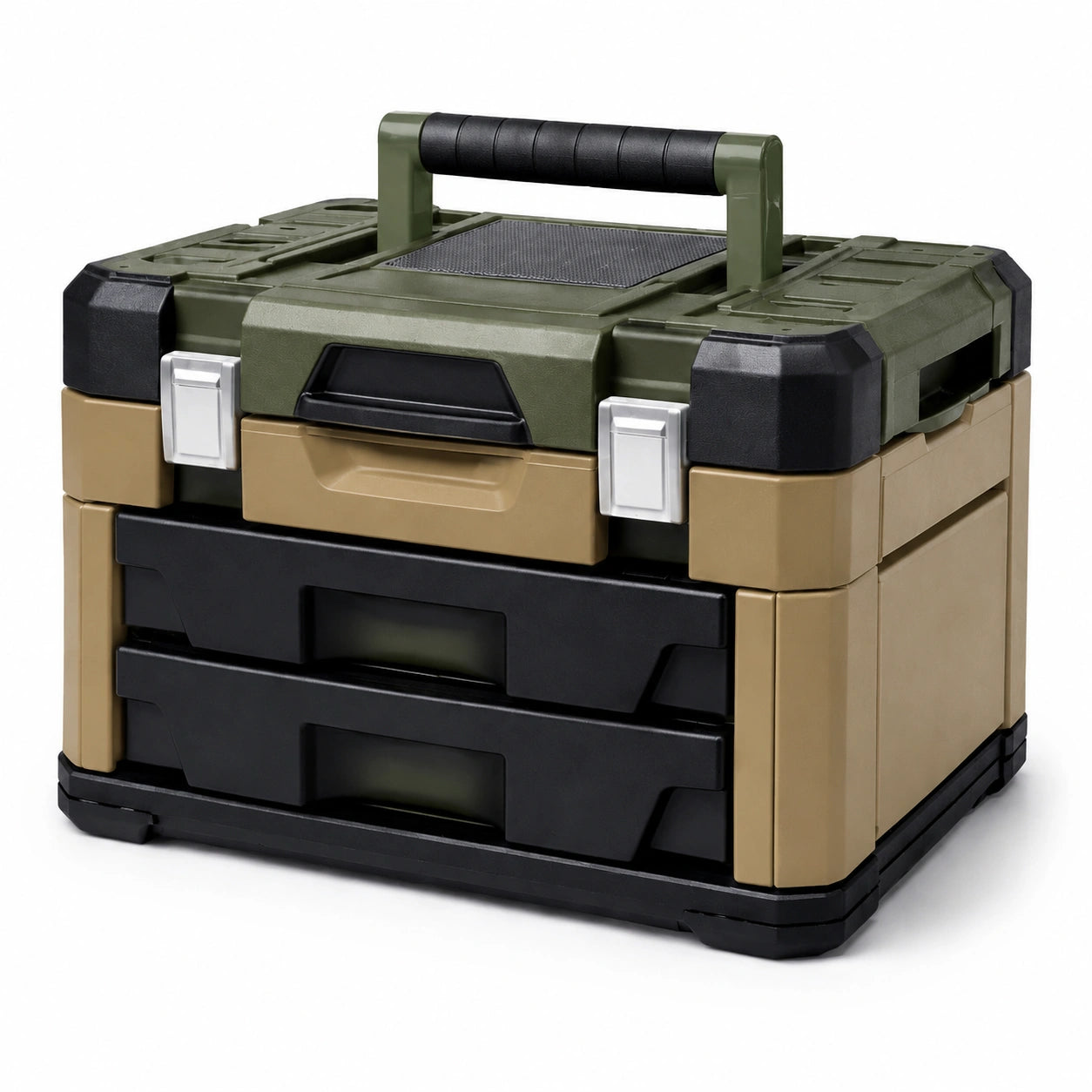 Caja de herramientas de plástico con dos cajones verdes/negros/beige