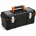 Caja de herramientas de plástico polipropileno negro con cierre metálico y mango naranja