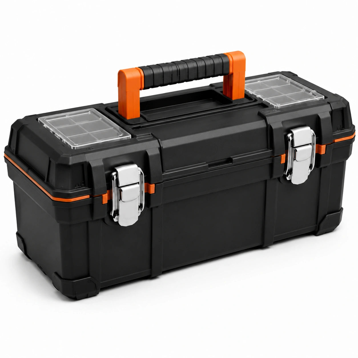 Caja de herramientas de plástico polipropileno negro con cierre metálico y mango naranja