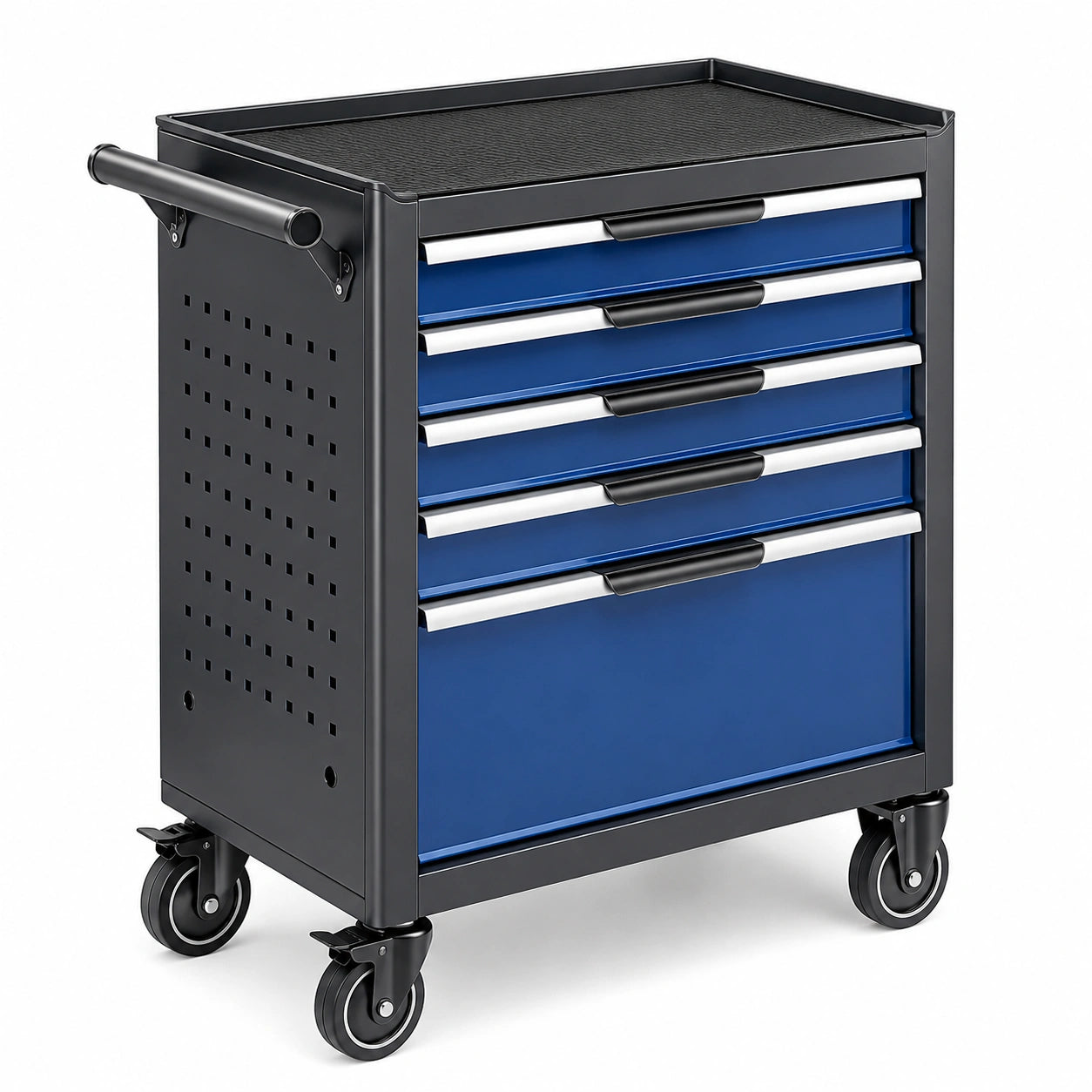 Carro de herramientas de acero azul y negro con 5 cajones