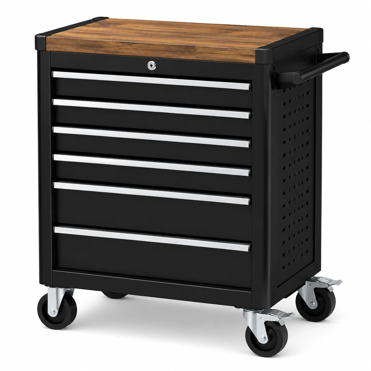 Carro de herramientas con 7 cajones de acero y encimera de nogal, negro, 74 cm x 88 cm x 46 cm