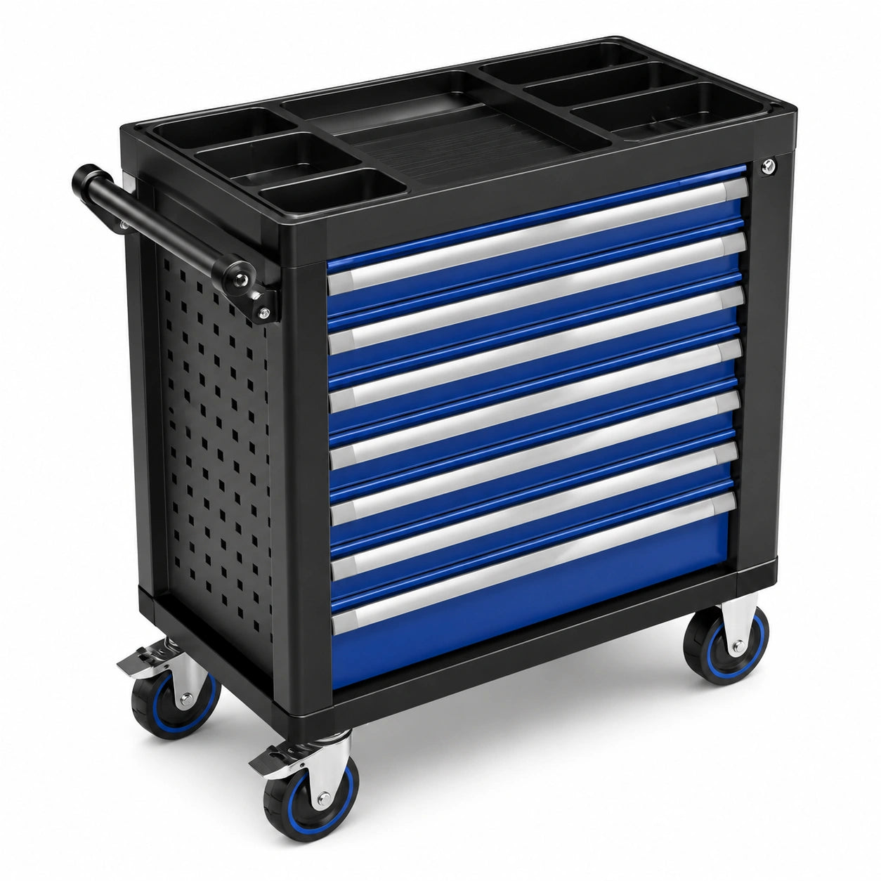 Carro de herramientas de metal con 7 cajones azul y negro