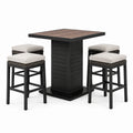 Conjunto de bar de aluminio y madera con 4 taburetes y cojines beige
