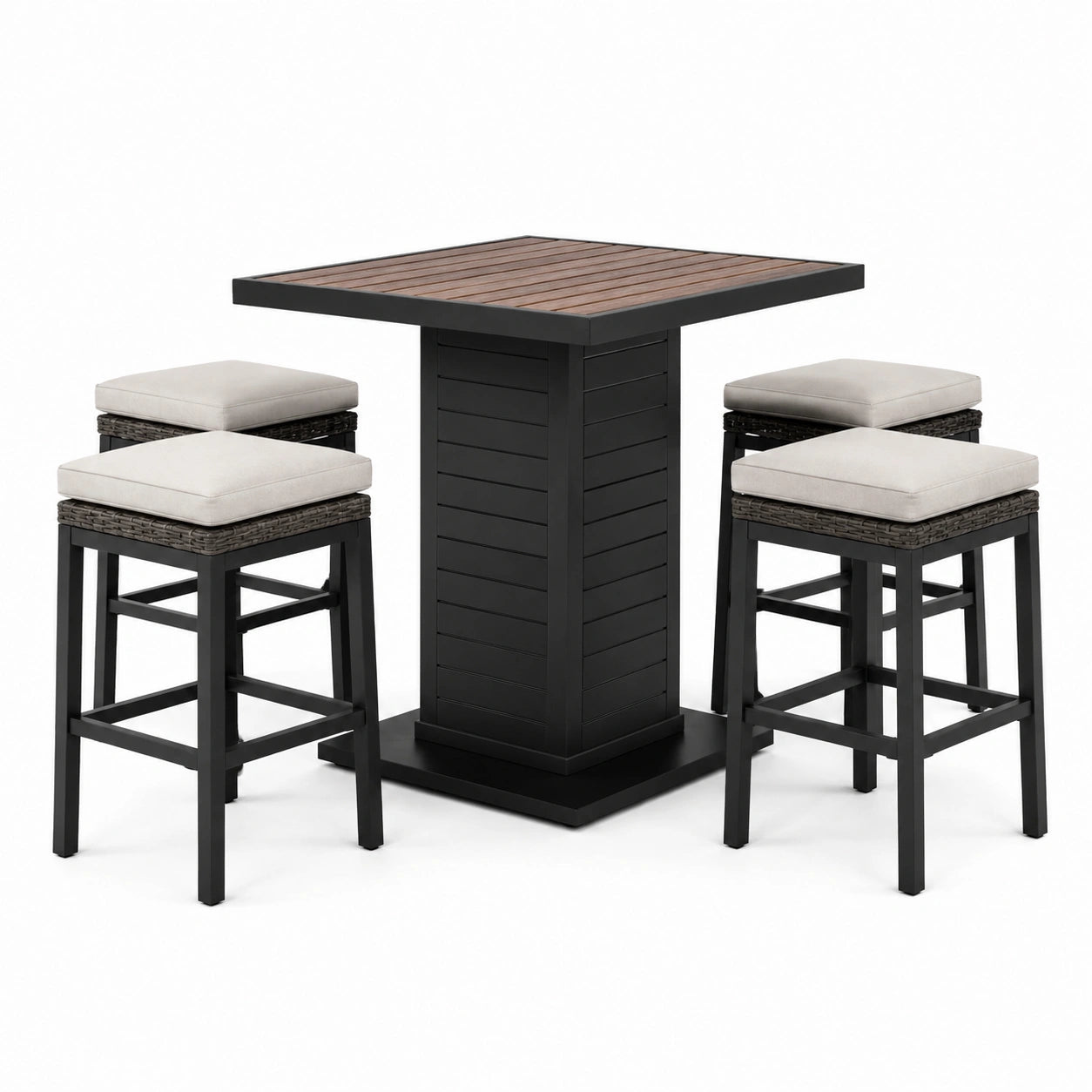 Conjunto de bar de aluminio y madera con 4 taburetes y cojines beige