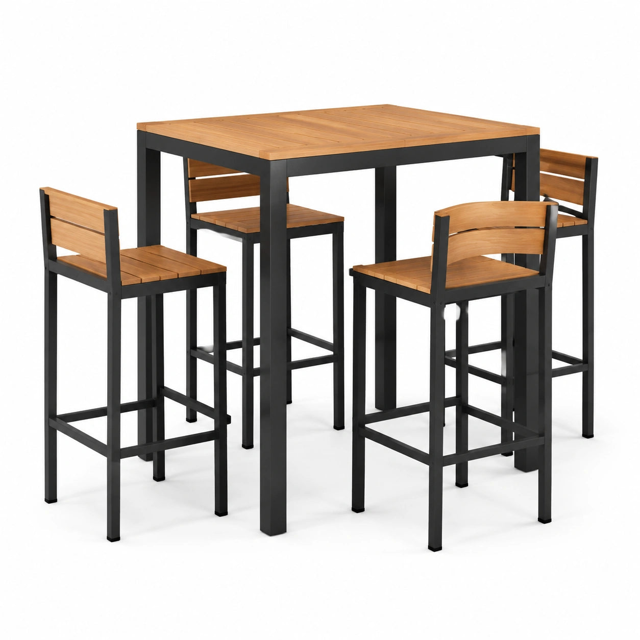 Conjunto de bar de acero y madera con 4 taburetes
