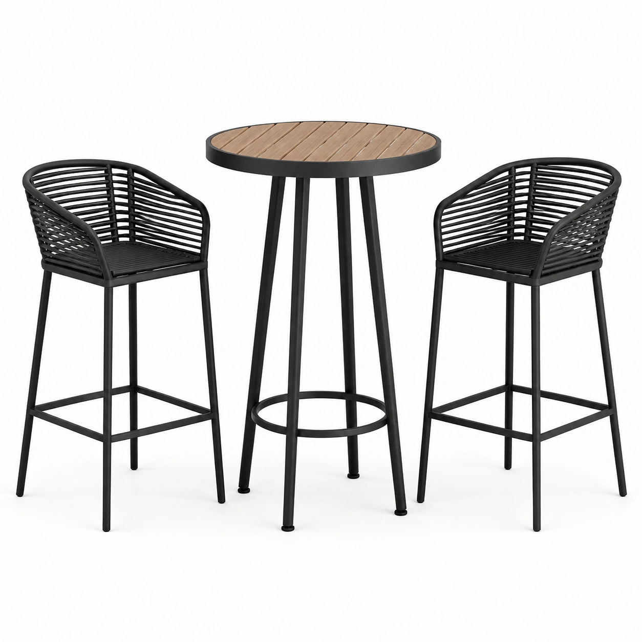 Conjunto de bar de acero y ratán negro con mesa de madera plástica