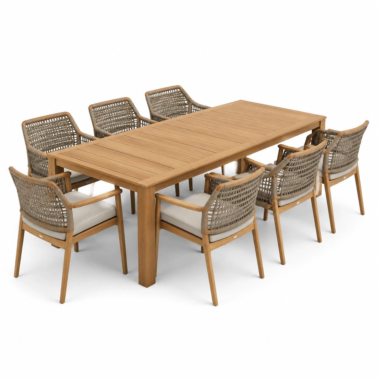 Conjunto de comedor de madera con 8 sillas de cuerda sintética beige