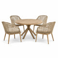 Conjunto de comedor de jardín con mesa redonda de madera de teca y 4 sillas de cuerda beige