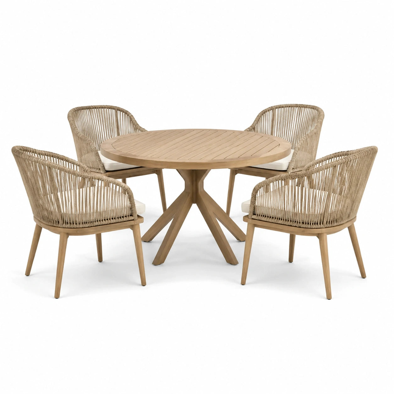Conjunto de comedor de jardín con mesa redonda de madera de teca y 4 sillas de cuerda beige