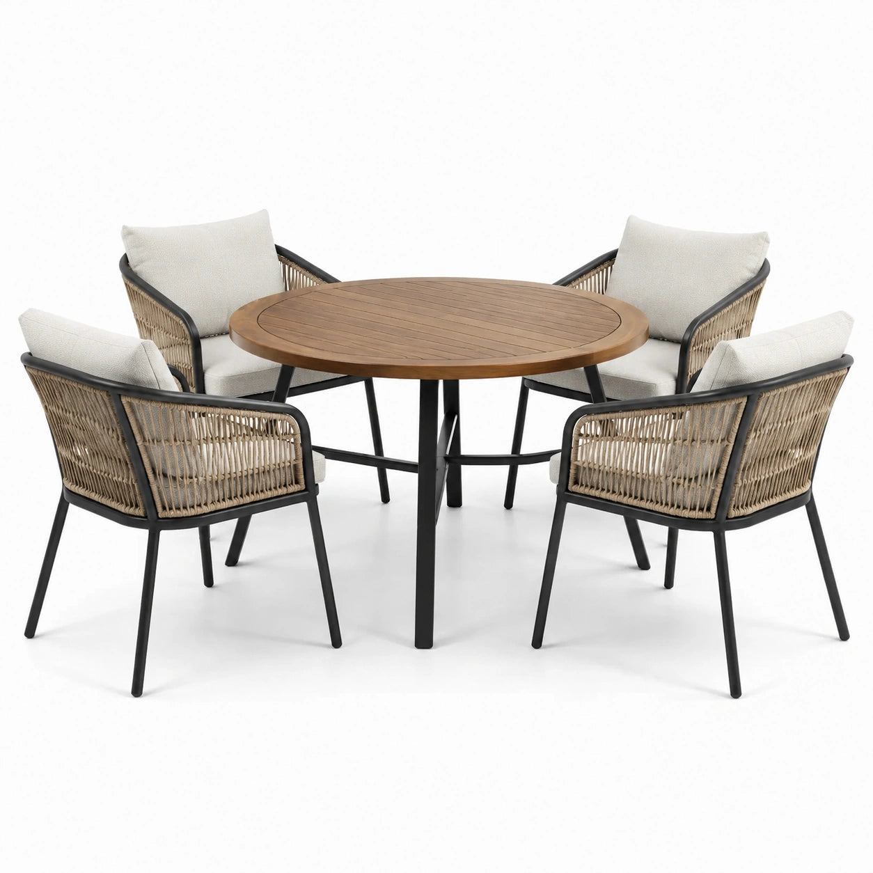 Set de comedor exterior redondo 4 plazas madera y ratán