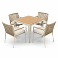 Conjunto de comedor de jardín con mesa de aluminio y madera y 4 sillas de cuerda beige