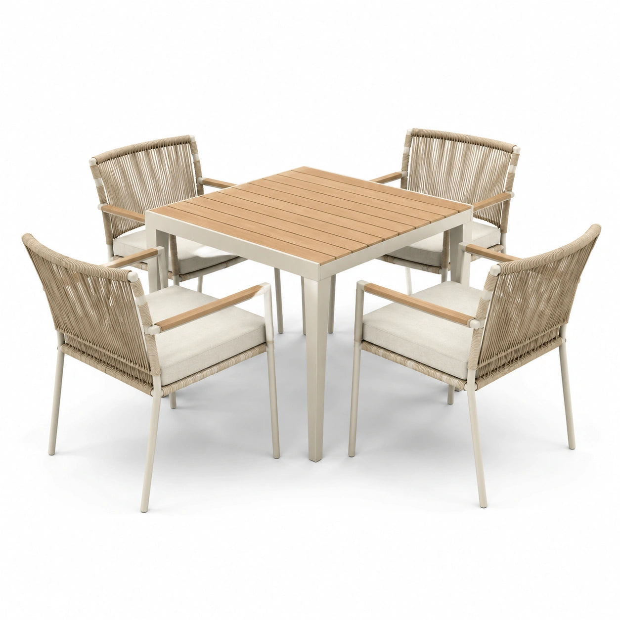 Conjunto de comedor de jardín con mesa de aluminio y madera y 4 sillas de cuerda beige