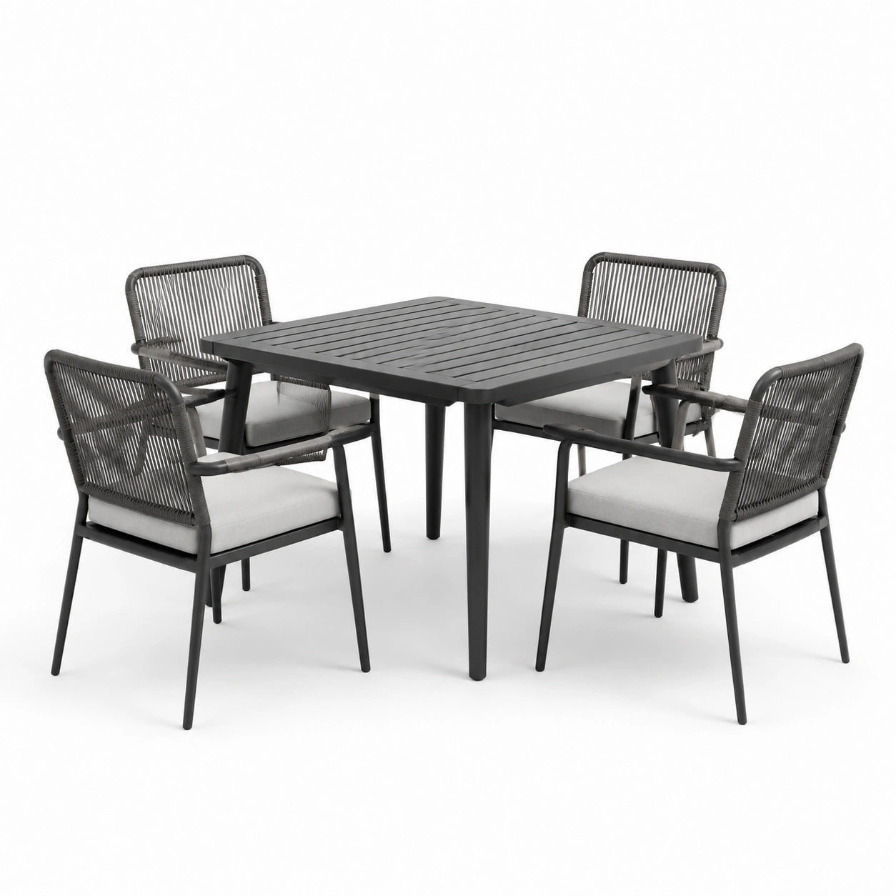 Conjunto de comedor de aluminio negro con cojines grises