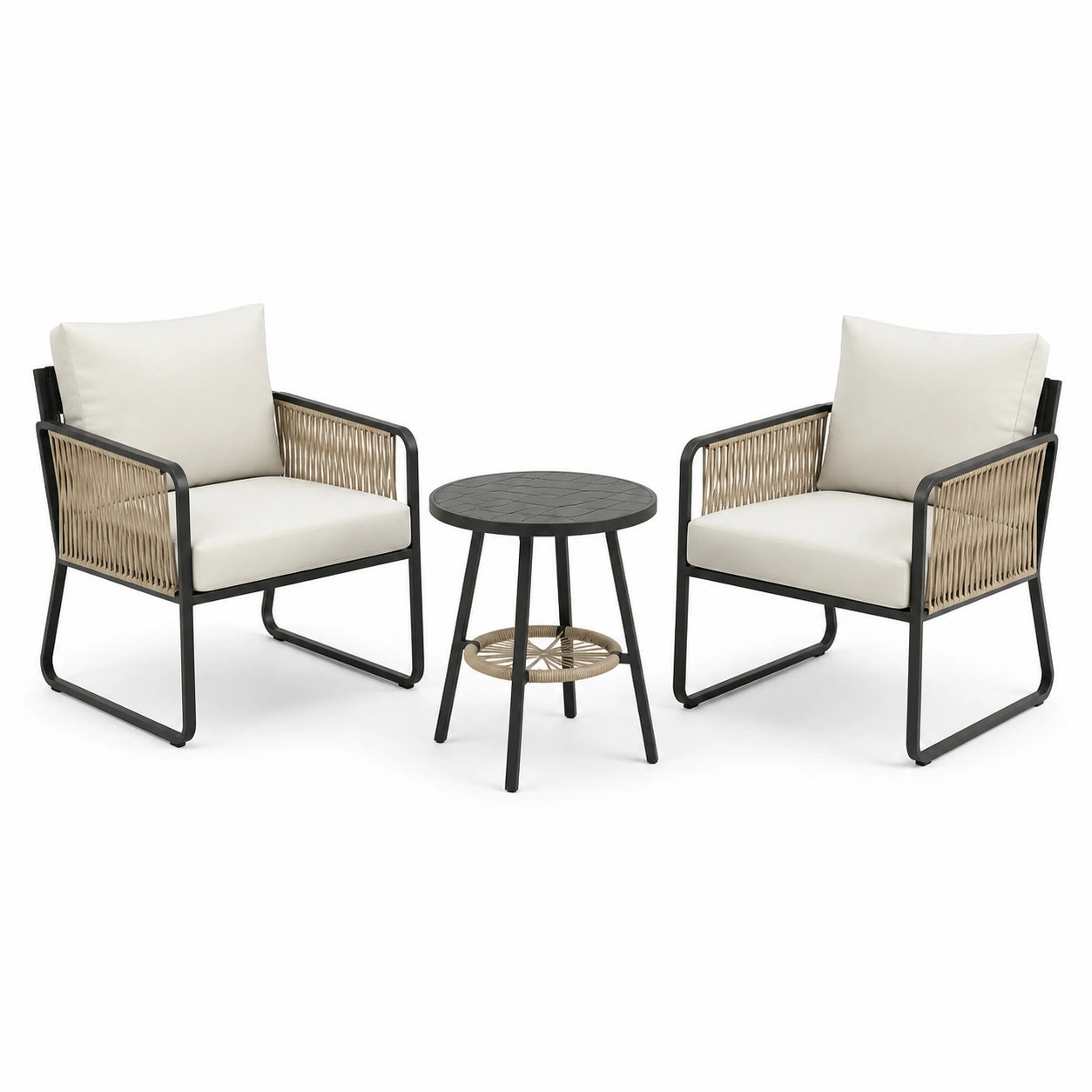 Conjunto de sillas y mesa de aluminio y mimbre color beige y negro