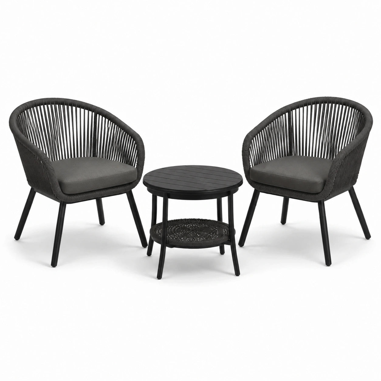 Conjunto de jardín con sillas de cuerda y mesa redonda de metal negro