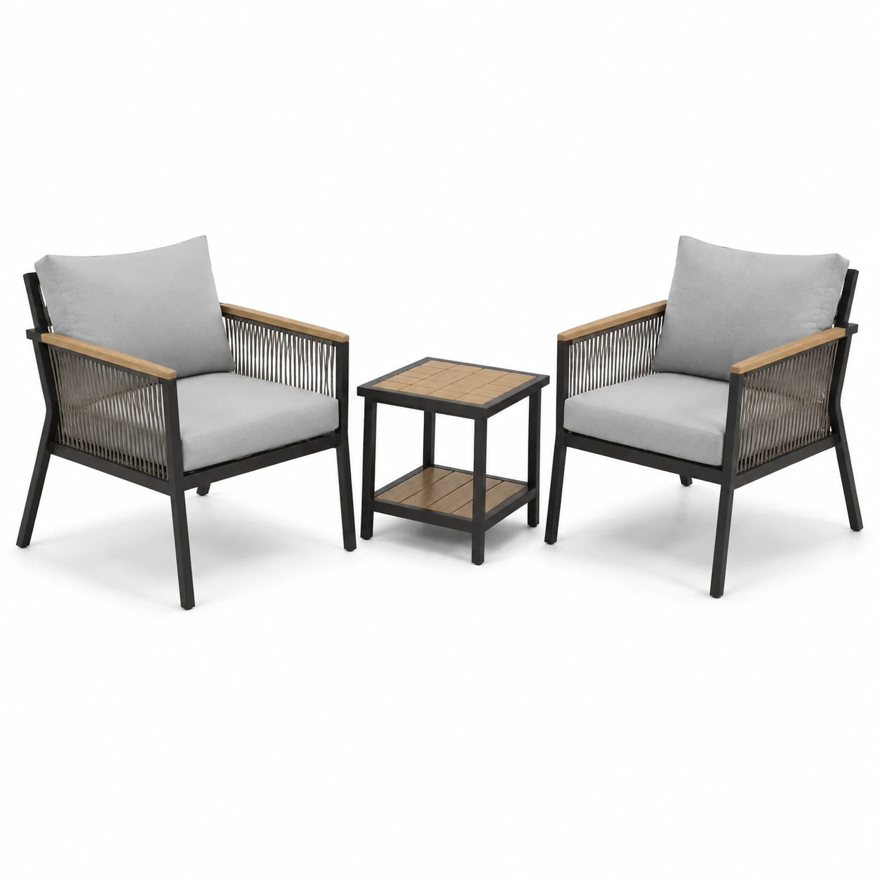 Juego de muebles de jardín: 2 sillas de aluminio con cuerdas y mesa de acacia