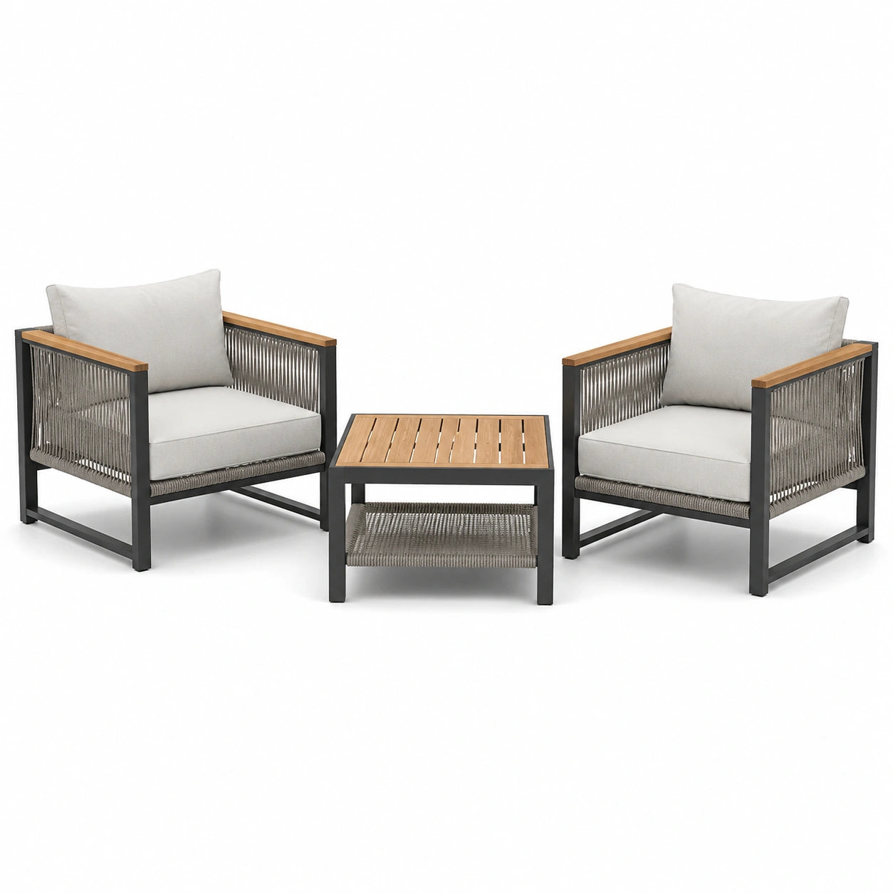 Conjunto de mobiliario para exterior con dos sillones y mesa de aluminio y cuerda gris