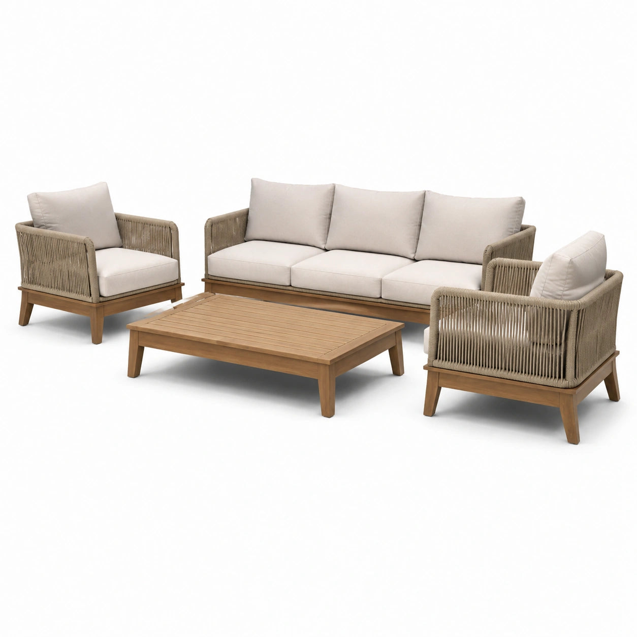 Conjunto de muebles de exterior de madera y cuerda beige