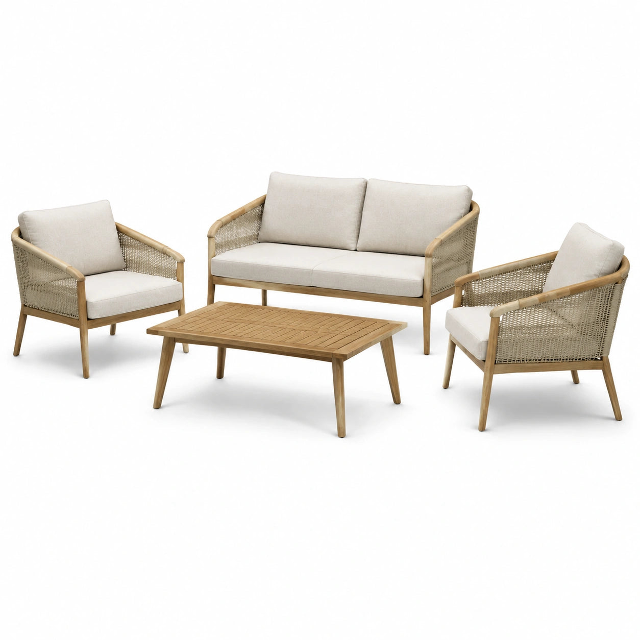 Set de jardín de madera de teca con cojines crema