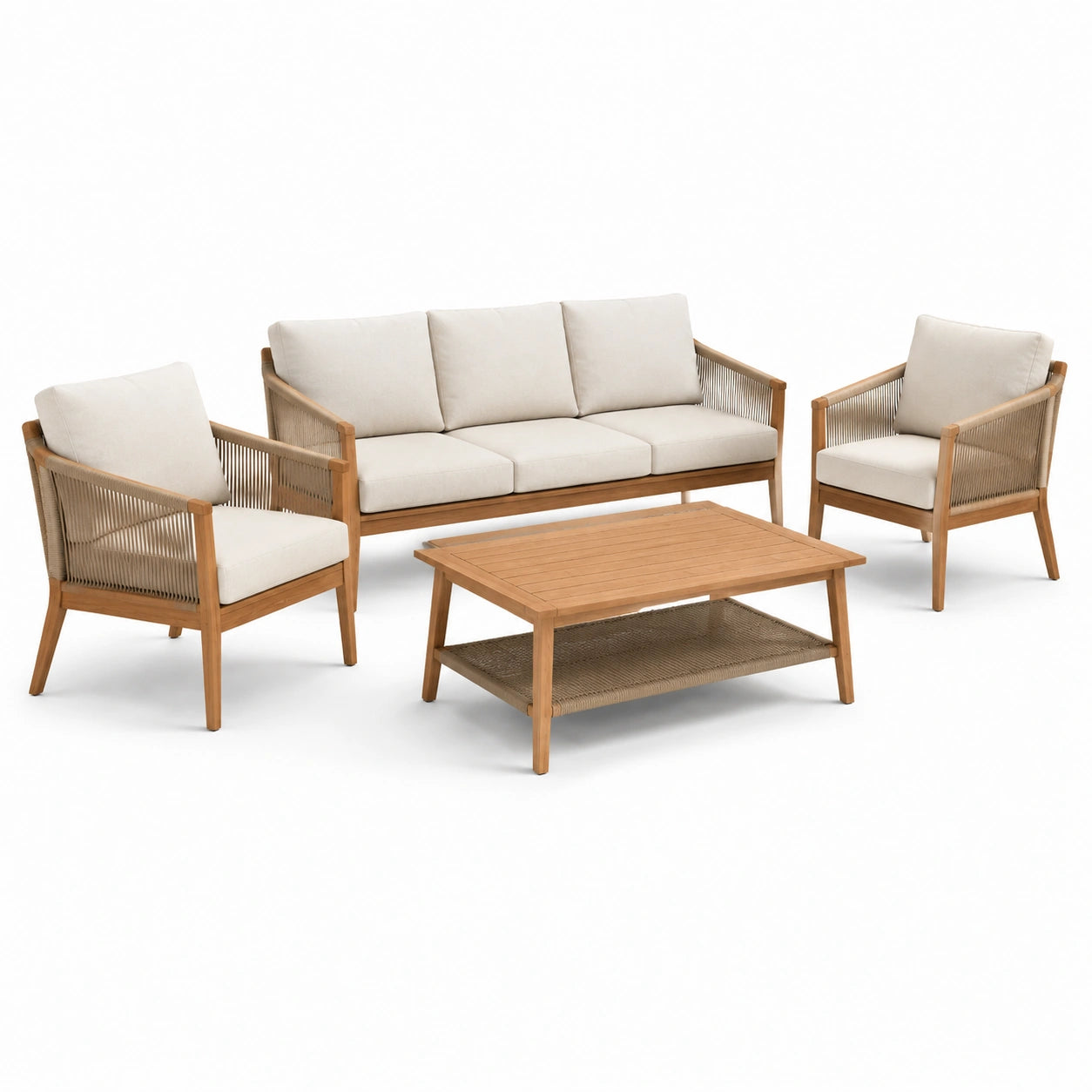 Conjunto de Jardín de Madera con Sofá, Sillones y Mesa Beige