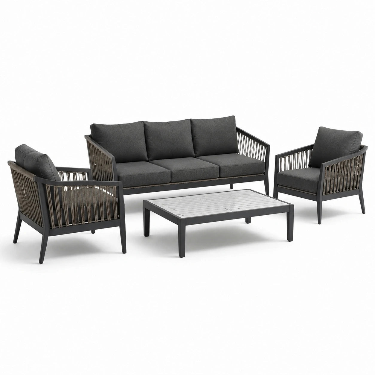 Conjunto de jardín de aluminio y cuerda gris oscuro con sofá y sillones