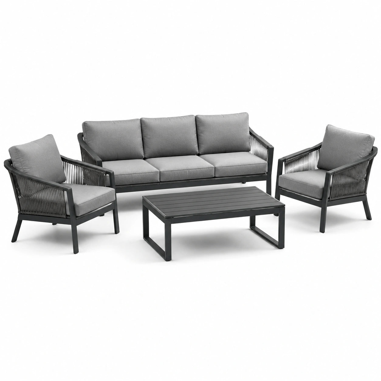 Conjunto de muebles de exterior en metal con cojines grises