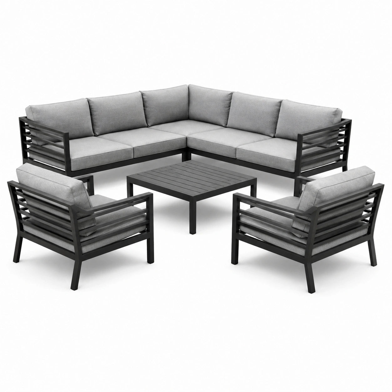 Set de muebles de jardín con sofá en L y sillones de aluminio gris