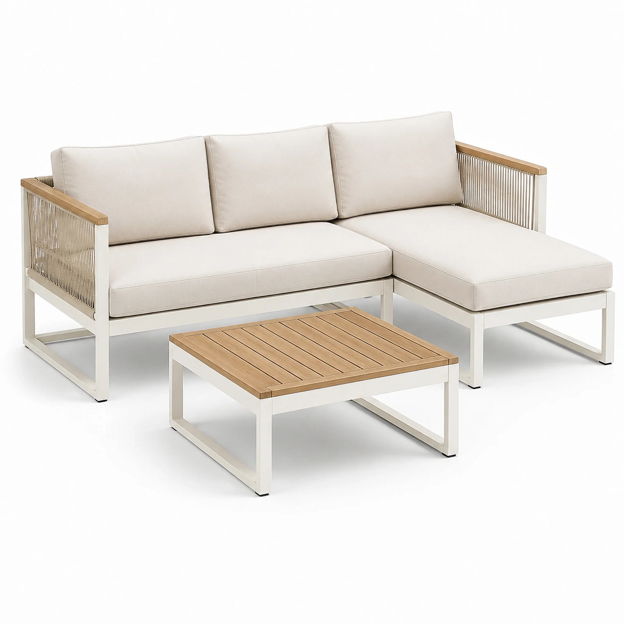 Conjunto de Sofá de Jardín de Aluminio y Teca Beige con Mesa de Centro