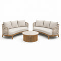 Conjunto de Sofá Curvo de Madera y Tela Beige con Mesa Redonda