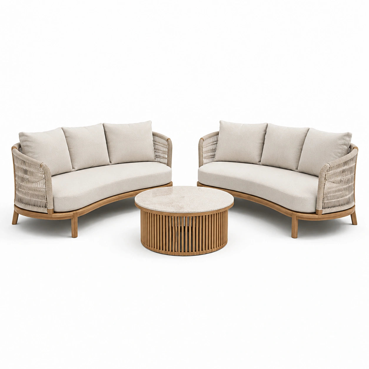 Conjunto de Sofá Curvo de Madera y Tela Beige con Mesa Redonda