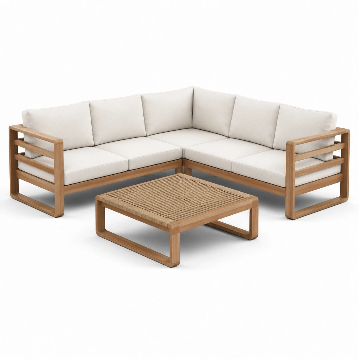 Set de sofá en forma de L de madera con cojines de poliéster beige
