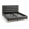 Cama doble de cuero sintético negro con patas de metal dorado