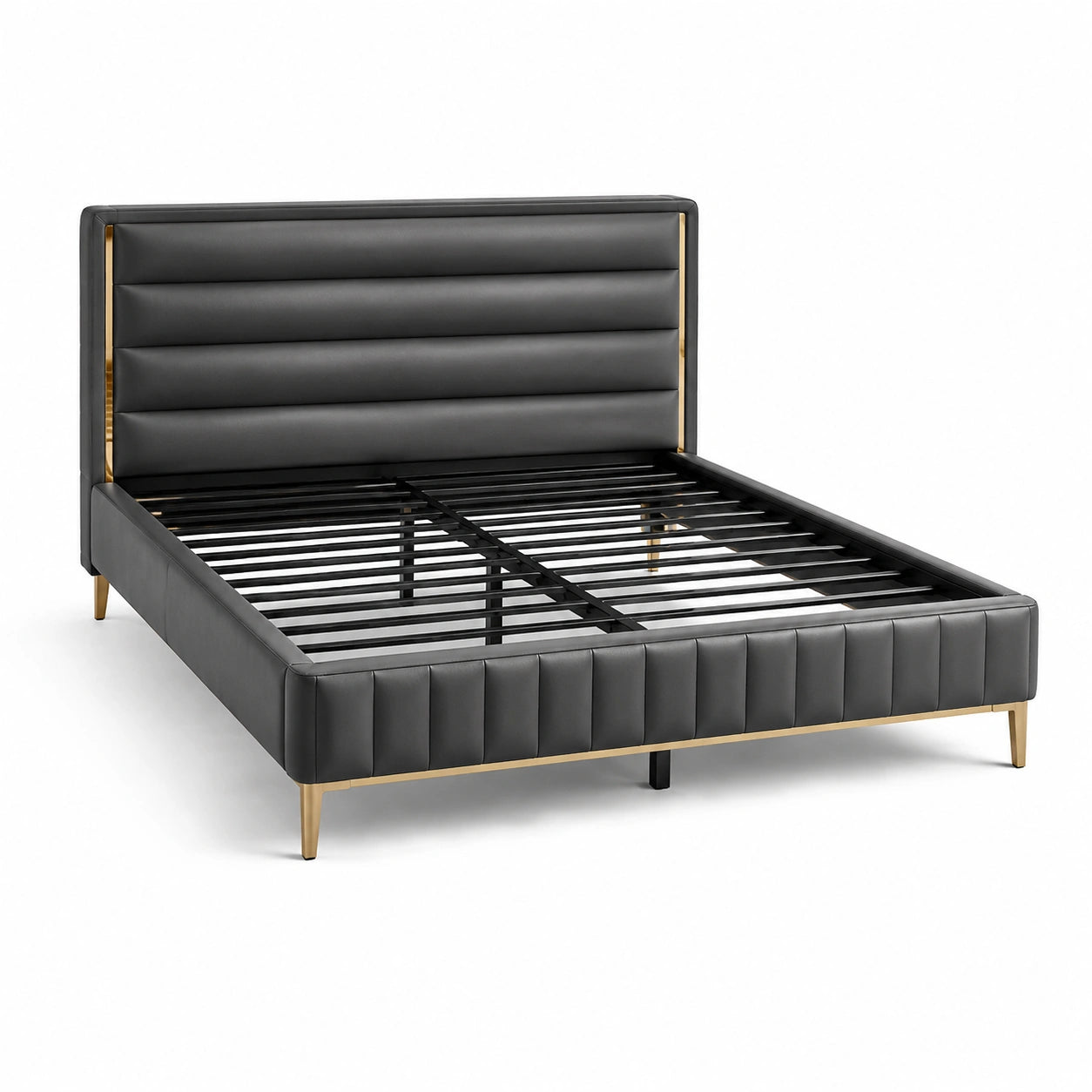 Cama doble de cuero sintético negro con patas de metal dorado